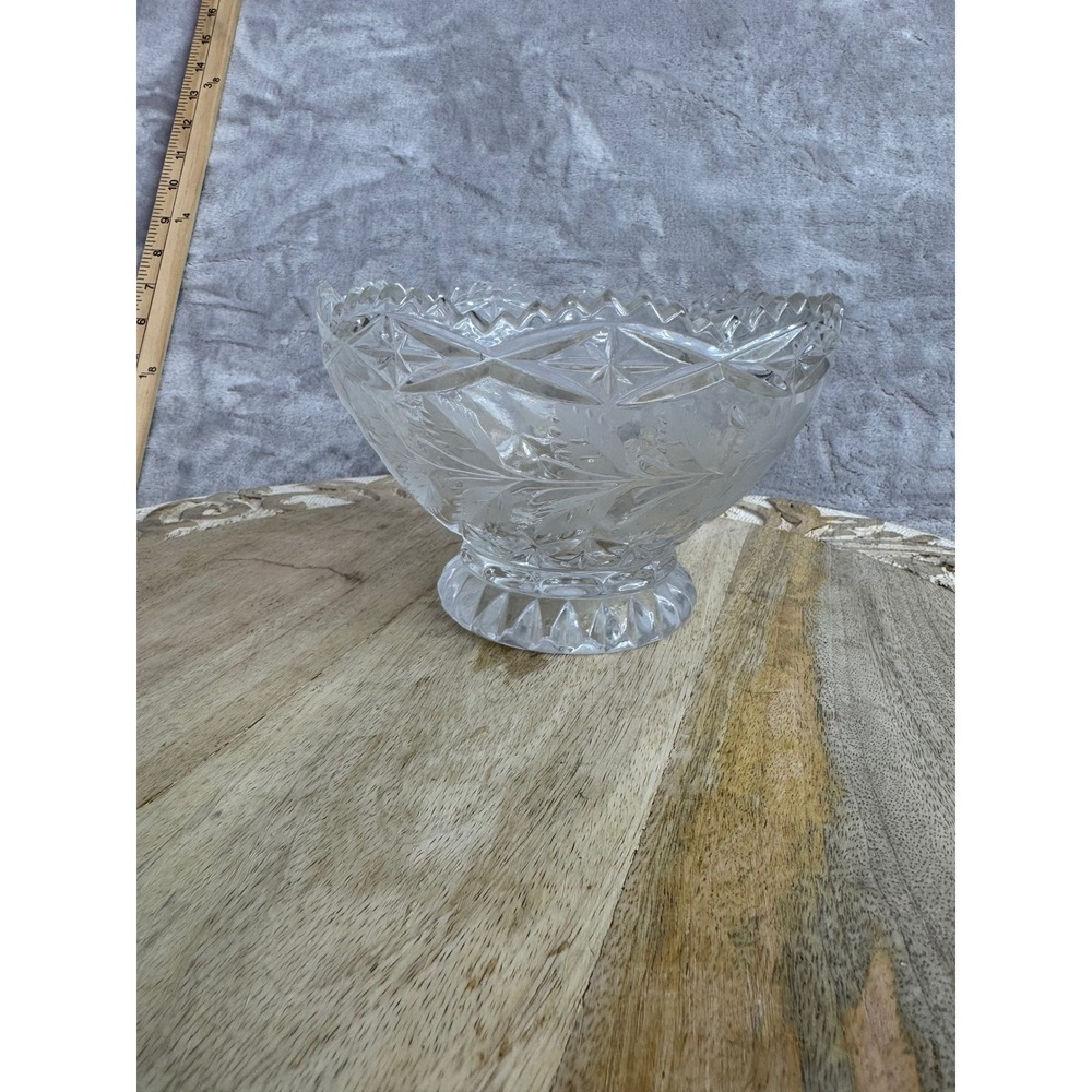 Vintage Cut Glass Pedestal Bowl Frosted Floral Starburst Scalloped Edge 6.5 Inch